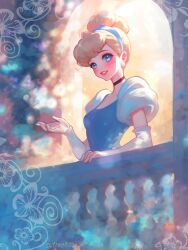  1girl architecture artist_name backlighting balcony black_choker blonde_hair bloom blue_dress blue_eyes blue_hairband blurry blurry_background blush breasts bug butterfly castle choker cinderella_(disney_character) cinderella_(disney_movie) commentary dress earrings elbow_gloves flower gloves hair_bun hair_ornament hairband highres jewelry lips looking_at_viewer night parted_lips pearl_earrings puffy_short_sleeves puffy_sleeves railing red_lips short_hair short_sleeves signature single_hair_bun small_breasts smile solo sparkle sparkle_background standing swept_bangs tomoe_(shoushou781) turning_head twitter_username white_gloves 