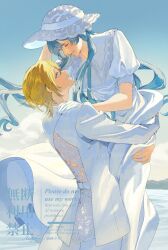  2girls artist_logo artist_name blonde_hair blue_eyes blue_hair bluesky_username closed_eyes clouds commentary_request dated dress facing_another gloves hair_between_eyes hat highres hug jacket lifting_person logo long_hair mege_(megechan) multiple_girls original outdoors pants puffy_sleeves short_hair short_sleeves sky suit suit_jacket sun_hat twitter_username water white_dress white_gloves white_pants white_suit yuri 