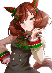  1girl animal_ears black_dress blush bow bowtie breasts brown_eyes brown_hair closed_mouth commentary_request diagonal-striped_bow dress ear_bow ear_covers ear_ribbon green_bow green_bowtie highres horse_ears horse_girl horse_tail juliet_sleeves long_sleeves looking_at_viewer medium_hair multicolored_hair nice_nature_(poinsettia_ribbon)_(umamusume) nice_nature_(umamusume) pinafore_dress puffy_sleeves setta_shu shirt simple_background sleeveless sleeveless_dress smile solo streaked_hair striped_bow striped_bowtie striped_clothes tail twintails umamusume white_background 