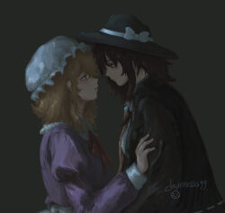  absurdres artist_name asymmetrical_sidelocks black_capelet black_hat blonde_hair blue_eyes blush bow brown_eyes brown_hair capelet churros99 closed_mouth collared_dress contrast_collar dark_background dress english_commentary face-to-face hair_bow hand_on_another's_arm hat hat_bow highres juliet_sleeves long_hair long_sleeves maribel_hearn medium_hair mob_cap neck_ribbon necktie parted_lips puffy_sleeves purple_dress red_necktie red_ribbon ribbon ribbon-trimmed_capelet ribbon_trim sash shirt sidelocks sleeve_cuffs touhou usami_renko white_bow white_hat white_sash white_shirt yuri 
