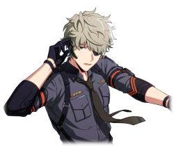  1boy black_gloves black_necktie breast_pocket brown_necktie collared_shirt cropped_torso eyepatch game_cg gloves green_eyes green_hair hair_over_one_eye happy_elements headset helios_rising_heroes keith_max long_sleeves looking_at_viewer lower_teeth_only male_focus necktie non-web_source official_art one_eye_covered open_mouth pocket shirt short_hair sleeves_rolled_up solo sweatdrop teeth transparent_background upper_body 