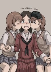  3girls absurdres black_hair black_neckerchief blush brown_eyes brown_hair brown_sweater_vest clone collared_shirt dated double_cheek_kiss english_commentary english_text grafhou grey_neckerchief grey_skirt hair_ornament hairclip head-mounted_display highres holding_hands kessai_kiyoshi kiss kissing_cheek long_skirt long_sleeves medium_hair miniskirt misaka_imouto misaka_mikoto multiple_girls neckerchief night_vision_device pleated_skirt red_shirt red_skirt sailor_collar school_emblem school_uniform shirt short_sleeves skirt summer_uniform sweater_vest toaru_kagaku_no_railgun toaru_majutsu_no_index tokiwadai_school_uniform v-neck white_sailor_collar white_shirt yuri 