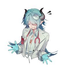  1boy aqua_gloves aqua_hair arknights bandages blood blood_on_bandages closed_eyes coat commentary cropped_torso demon_horns disposable_gloves gloves head_mirror highres horns lab_coat long_hair male_focus mitm_(arknights) mitm_(under_surgical_lights)_(arknights) mole mole_under_mouth outstretched_arms pointy_ears simple_background smile solita_ts solo spread_arms stethoscope stethoscope_around_neck untranslatable_commentary white_background white_coat 
