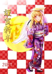  1girl 2017 black_slippers blonde_hair blush closed_mouth commentary_request feathered_wings feathers floral_print hand_fan happy_new_year holding holding_fan holding_feather japanese_clothes kimono long_sleeves maribel_hearn minus_(sr_mineka) missing_headwear obi purple_kimono sash slippers smile socks solo standing touhou white_socks white_wings wide_sleeves wings yellow_eyes 
