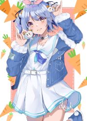  1girl alternate_hair_length_(shorter) animal_ears blue_hair blue_jacket blue_shoes choker closed_mouth commentary_request hololive jacket official_alternate_costume orange_eyes pekomon_(usada_pekora) rabbit_ears rabbit_girl shirt shoes short_hair smile solo tied_ears usada_pekora usada_pekora_(casual) virtual_youtuber white_choker white_shirt yuzuki_1212 