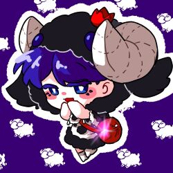  1girl animal bag blue_eyes blue_hair blush capelet chibi chibi_only commentary_request crown doremy_sweet dream_soul dress hat horns korean_commentary lovelobten open_mouth outline pom_pom_(clothes) purple_background red_crown sheep sheep_horns sheep_tail short_hair short_sleeves shoulder_bag smile socks tail touhou white_outline white_socks 