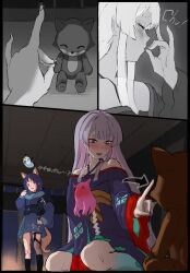  +_+ 2girls aaa_(user_sraw3548) animal_ears arrow_(symbol) bare_shoulders black_hair blue_eyes blush cho_kaguya-hime! commentary english_commentary fox_ears fox_shadow_puppet fox_shadow_puppet_kiss fox_tail fushi_(cho_kaguya-hime!) green_eyes halterneck hand_on_own_hip highres imminent_indirect_kiss kiss kissing_hand kissing_own_hand long_hair long_sleeves multiple_girls partially_colored pink_hair purple_nails revision runami_yachiyo sakayori_iroha short_hair sitting stuffed_animal stuffed_fox stuffed_toy sweat tail wide_sleeves yuri 