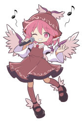  1girl animal_ears bird_ears bird_wings black_shoes brown_dress brown_hat brown_socks cato_(monocatienus) commentary_request dress full_body grin hat highres kneehighs long_sleeves looking_at_viewer mary_janes music musical_note mystia_lorelei one_eye_closed pink_eyes pink_hair shoes simple_background singing smile socks solo touhou white_background wide_sleeves winged_hat winged_shoes wings 