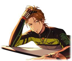  1boy black_gloves bodysuit brown_eyes brown_hair cum cum_on_body diving_suit facial facial_hair game_cg gloves goatee happy_elements helios_rising_heroes jay_kidman jewelry long_sleeves looking_at_viewer lying male_focus necklace non-web_source official_art on_stomach parted_lips ponytail solo transparent_background upper_body virtual_youtuber wet wetsuit 