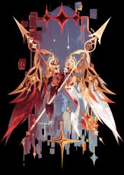  2others absurdres ambiguous_gender androgynous angel_wings arm_up armor black_background blue_sky brothers colored_skin creature cube eye_symbol feathered_wings floating floating_building flying full_armor full_body genshin_impact glowing gold_armor halo head_wings highres holding holding_polearm holding_staff holding_weapon looking_at_another looking_to_the_side melanta_(genshin_impact) monster_boy multicolored_skin multiple_others multiple_wings nihilita_(genshin_impact) outdoors polearm portal_(object) red_wings replacemushroomman siblings sky staff star_(sky) star_(symbol) weapon white_wings wings 