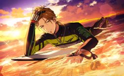  1boy bodysuit brown_eyes brown_hair clouds cum cum_on_body diving_suit facial facial_hair flippers game_cg goatee goggles happy_elements helios_rising_heroes highres jay_kidman jewelry looking_at_viewer lying male_focus necklace non-web_source official_art on_stomach outdoors parted_lips sky solo sunset virtual_youtuber water wet wetsuit 