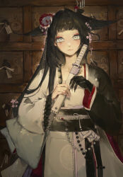  1girl arknights beads black_hair black_sash blush commentary_request cowboy_shot flower grey_eyes hair_flower hair_ornament head_wings highres holding holding_sword holding_weapon indoors japanese_clothes katana kimono kuto_(kuroto) lips long_hair long_sleeves looking_at_viewer mio_(arknights) obi sash scabbard sheath solo sword very_long_hair weapon white_kimono wings 