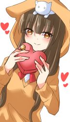  1girl absurdres asakura_karen_(heaven_burns_red) black_hair bow bowtie box box_of_chocolates closed_mouth commentary_request dmc_tales2006 heart heart-shaped_box heaven_burns_red highres hood hoodie looking_at_viewer low_twintails orange_eyes red_bow red_bowtie twintails yellow_hoodie 