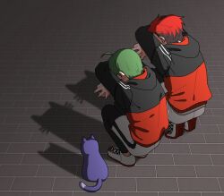  2boys ahoge akatsuki_(ensemble_stars!) animalization arms_up black_hair black_jacket black_pants brick_floor cat cat_shadow_puppet_(meme) commentary crossed_arms double_middle_w earrings ensemble_stars! facing_away from_above from_behind full_body green_hair hasumi_keito highres hood hooded_jacket jacket jewelry kanzaki_souma kiryu_kuro long_sleeves male_focus meme multicolored_hair multiple_boys multiple_earrings pants purple_cat red_hair red_jacket shadow shadow_puppet shoes short_hair sneakers squatting two-tone_hair untranslatable_commentary white_shoes xiwivixi 