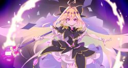  1girl antenna_hair aura black_bow black_bowtie black_capelet black_dress blonde_hair bow bowtie brooch capelet closed_mouth commentary cure_arcana_shadow diamond_hairband dress earrings frilled_capelet frilled_cuffs frilled_dress frills gradient_hair hair_bow hair_intakes heart heart_brooch holding holding_staff jewelry layered_dress light_frown long_hair looking_at_viewer magical_girl meitantei_precure! moria_luluka multicolored_hair noriccho! pink_eyes precure purple_veil short_dress solo staff standing tear_arcana_rod veil very_long_hair 