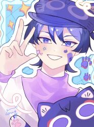  1boy animal_hat animalization bandaid bandaid_on_face blue_background blue_border blunt_ends blush border bright_pupils casual cat cat_face_sticker cat_hat choppy_bangs commentary contemporary erusane97 eyeliner genshin_impact hand_up hat heart heart_sticker highres layered_shirt long_sleeves makeup male_focus official_alternate_costume open_mouth outline paw_print peaked_cap person_and_animalization pink_shirt portrait purple_cat purple_hair purple_hat red_eyeliner scaramouche_(cat)_(genshin_impact) scaramouche_(genshin_impact) shirt signature smile solo sticker sticker_on_face tsurime turtleneck turtleneck_shirt untranslatable_commentary v-neck violet_eyes w wanderer_(fairy_tale_cat)_(genshin_impact) wanderer_(genshin_impact) white_mouth white_outline white_pupils white_shirt white_sleeves 
