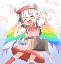  1girl :d ^_^ black_streaks blush bow bowtie closed_eyes collared_shirt commentary_request coruthi dot_nose facing_viewer feathered_wings feathers feet_out_of_frame frilled_shirt_collar frills hands_up hat highres hollow_song_of_birds kneehighs multicolored_hair open_mouth pink_shorts pink_vest pointing pointing_at_self rainbow_wings red_bow red_bowtie red_socks shirt short_hair short_sleeves shorts smile socks solo standing streaked_hair torisumi_horou touhou vest white_hair white_hat wings 