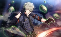  1boy belt black_gloves black_necktie black_shirt breast_pocket camouflage collared_shirt debris eyepatch game_cg gloves green_eyes green_hair hair_over_one_eye happy_elements headset helios_rising_heroes highres keith_max long_sleeves looking_at_viewer male_focus necktie non-web_source official_art one_eye_covered open_mouth pants pocket rock shirt short_hair sleeves_rolled_up solo suspenders teeth upper_body 