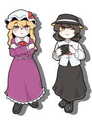  2girls :/ black_hat black_shoes black_skirt bow bowtie brown_eyes camera collared_dress commentary_request contrast_collar crossed_arms dress frilled_dress frills full_body hat hat_ribbon highres holding holding_camera long_hair long_skirt long_sleeves maribel_hearn medium_hair mob_cap multiple_girls one_eye_closed purple_dress red_bow red_bowtie red_ribbon ribbon ribbon-trimmed_dress ribbon-trimmed_skirt ribbon_trim sannkannshion shadow shirt shoes skirt smile standing touhou usami_renko violet_eyes white_background white_hat white_shirt 
