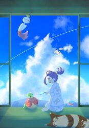  1boy apple applin black_hair blue_sky blush bug chimecho closed_eyes clouds commentary_request drooling food fruit furret hair_between_eyes highres holding holding_food holding_popsicle insect_wings kieran_(pokemon) natu_a0z0ra open_mouth pokemon pokemon_(creature) pokemon_scarlet_and_violet popsicle purple_hair saliva shirt short_sleeves shorts sitting sky smile white_shirt white_shorts wings wooper yanma 