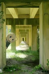 1girl abandoned absurdres ahoge blonde_hair blue_eyes commentary_request grass green_jacket highres jacket karmanimaxwx leaning_to_the_side medium_hair no_nose open_mouth peeking_out pillar plant shoujo_shuumatsu_ryokou solo vanishing_point vines yuuri_(shoujo_shuumatsu_ryokou) 
