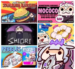  1boy 5girls absurdres alternate_costume asymmetrical_horns black_hair blonde_hair blue_hair bowl brand_name_imitation burger cereal_box crossed_arms doughnut dress_shirt eating email_address facial_hair food fuwawa_abyssgard fuwawa_abyssgard_(1st_costume) hair_ornament highres hololive hololive_english horns jacket jailbird_(nerissa_ravencroft) keenbiscuit koseki_bijou koseki_bijou_(1st_costume) lawyer long_hair medium_hair milk mister_donut mococo_abyssgard multicolored_hair multiple_girls mustache necktie nerissa_ravencroft nerissa_ravencroft_(1st_costume) open_mouth pebble_(koseki_bijou) perroccino_(fuwamoco) phone_number pink_hair pon_de_ring purple_hair shiori_novella shiori_novella_(1st_costume) shirt smile split-color_hair suit thumbs_up tongue tongue_out two-tone_hair virtual_youtuber yellow_eyes 