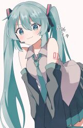  1girl :3 alt_text aqua_eyes aqua_hair aqua_necktie arm_tattoo black_boots black_skirt blush boots collared_shirt commentary_request cowboy_shot dated detached_sleeves double-parted_bangs grey_shirt hair_between_eyes hatsune_miku headphones headset highres leaning_forward long_hair looking_at_viewer loose_necktie mani_(manidrawings) necktie number_tattoo pleated_skirt shirt sidelocks simple_background skirt sleeveless sleeveless_shirt solo tattoo thigh_boots twintails twitter_username very_long_hair vocaloid white_background 