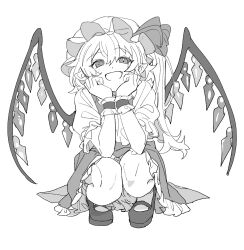 1girl crystal_wings dress flandre_scarlet frilled_dress frills greyscale hands_on_own_face hat hat_ribbon highres looking_at_viewer mary_janes mero_(starfish_jcs) mob_cap monochrome open_mouth pointy_ears puffy_short_sleeves puffy_sleeves ribbon shoes short_hair short_sleeves side_ponytail smile solo squatting touhou wings 