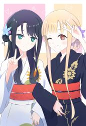  2girls absurdres black_hair black_kimono blonde_hair blush brown_eyes cho_kaguya-hime! clenched_teeth closed_mouth commentary floral_print floral_print_kimono flower green_eyes hair_flower hair_ornament highres japanese_clothes kaguya_(cho_kaguya-hime!) kimono locked_arms long_hair long_sleeves mole mole_under_eye multiple_girls obi one_eye_closed print_kimono red_sash sakayori_iroha sash shimada_(shima1410) short_hair_with_long_locks sidelocks smile teeth v white_kimono yukata 