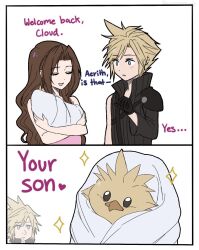  aerith_gainsborough armor baby baby_animal bird black_gloves black_sleeves black_vest blonde_hair blue_eyes brown_hair carrying carrying_baby carrying_person chick chocobo closed_eyes cloud_strife commentary dress english_commentary final_fantasy final_fantasy_vii final_fantasy_vii:_advent_children gloves hu_manbee_ing light_blush long_hair open_mouth parted_bangs parted_lips pauldrons pink_dress popped_collar ribbed_vest short_hair shoulder_armor single_bare_shoulder single_pauldron single_sleeve smile sparkle spiky_hair upper_body vest wavy_hair white_background 