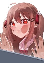  1girl absurdres against_window ahoge bow bowtie broken_heart broken_heart_hair_ornament brown_hair closed_mouth collared_shirt commentary english_commentary evil_neuro-sama fashaeli from_side hair_between_eyes hair_ornament hair_ribbon heart highres long_hair looking_at_viewer red_bow red_bowtie red_eyes red_ribbon ribbon shirt simple_background skull_hair_ornament solo upper_body vedal_ai virtual_youtuber white_background white_shirt 
