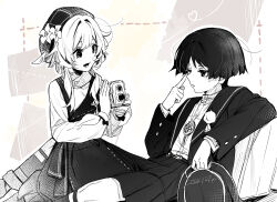  1boy 1girl akanbe alternate_costume beret blouse blunt_ends boater_hat camera casual choppy_bangs contemporary dated dress eyelashes eyelid_pull eyeliner finger_to_eye fingernails flower genshin_impact greyscale hair_flower hair_intakes hair_ornament hakama hakama_shorts half-closed_eyes hands_up hat hat_flower highres hoht_yeah holding holding_camera holding_unworn_clothes holding_unworn_hat index_finger_raised jacket japanese_clothes jewelry long_sleeves looking_at_another lower_teeth_only lumine_(genshin_impact) makeup monochrome necklace one_eye_closed open_clothes open_jacket open_mouth pendant plaid_hat pleated_shorts reclining scaramouche_(genshin_impact) shirt short_hair short_hair_with_long_locks shorts sidelocks sitting tareme teeth tongue tongue_out turtleneck turtleneck_shirt undershirt unworn_hat unworn_headwear wanderer_(genshin_impact) 