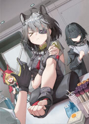  >_< 1other 3girls :< absurdres animal_ears arknights arknights:_endfield black_coat black_gloves black_hair blonde_hair cape cat_ears coat commentary_request ears_through_hood endministrator_(arknights) eyepatch female_endministrator_(arknights) fingerless_gloves gloves grey_sweater highres holding holding_syringe hood hooded_cape indoors krux_(k_krux) multiple_girls open_clothes open_coat red_hood rossi_(arknights) shaded_face short_hair sweatdrop sweater syringe tangtang_(arknights) wolf_ears wolf_girl 