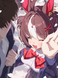  1boy 1girl animal_ears black_jacket black_skirt bow bowtie brown_hair closed_mouth colored_inner_animal_ears commentary_request diagonal-striped_bow diagonal-striped_bowtie diagonal-striped_clothes ear_ornament foreshortening gran_alegria_(umamusume) hair_between_eyes hair_ornament highres horse_ears horse_girl jacket multicolored_hair open_clothes open_jacket open_mouth red_bow red_bowtie saboten_mushi school_uniform shirt short_hair skirt smile streaked_hair striped_bow striped_bowtie striped_clothes twintails umamusume white_shirt white_streaks x_hair_ornament 