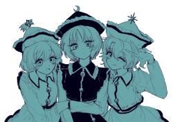  3girls commentary frilled_hat frilled_shirt_collar frills hat highres limited_palette looking_at_viewer lunasa_prismriver lyrica_prismriver merlin_prismriver multiple_girls one_eye_closed salute tongue tongue_out touhou twitter_username two-finger_salute untranslatable_commentary watage_milktea 