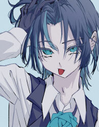  1boy ado_(utaite) altruist_0722 black_hair black_vest blue_eyes blue_hair colored_inner_hair commentary highres ibarazaki_adowo male_focus medium_hair mole mole_under_eye multicolored_hair shirt solo tongue tongue_out upper_body vest white_shirt 