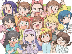  6+girls :3 :d ? ^_^ ahoge akizuki_ritsuko amami_haruka antenna_hair black_hair blonde_hair blue_eyes blue_hair bow bowl braid brown_eyes brown_hair character_doll closed_eyes doll food futami_ami futami_mami ganaha_hibiki glasses green_eyes grey_hair hagiwara_yukiho hair_bow hairband hamster hamuzou hard_hat helmet holding holding_bowl holding_food holding_shoes holding_stuffed_toy holding_unworn_clothes hoshii_miki idolmaster idolmaster_(classic) idolmaster_1 kikuchi_makoto kisaragi_chihaya long_hair looking_at_viewer minase_iori miura_azusa multiple_girls multiple_hair_bows one_eye_closed onigiri orange_hair p-head_producer pink_hairband ponytail producer_(idolmaster) red_bow sheet_music shijou_takane shoes short_hair side_ponytail smile sparkle spoken_question_mark stuffed_animal stuffed_cat stuffed_toy takatsuki_yayoi tsubobot twin_braids twintails unworn_shoes usa-chan_(idolmaster) v-shaped_eyebrows 