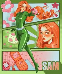  1girl anniversse blush bodysuit character_name closed_mouth commentary eyelashes floating_hair full_body green_bodysuit green_eyes high_heels highres holding looking_at_viewer looking_back multiple_views orange_hair phone sam_(totally_spies!) sparkle star_(symbol) tamagotchi tamagotchi_(virtual_pet) totally_spies! virtual_pet_(toy) whoop_catsuit 