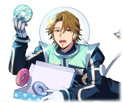  1boy brown_eyes brown_hair doughnut facial_hair food game_cg gloves goatee happy_elements helios_rising_heroes holding holding_food jay_kidman looking_at_viewer male_focus non-web_source official_art open_mouth solo teeth transparent_background upper_body white_gloves 
