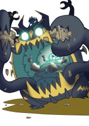  commentary_request debris eating full_body glowing glowing_eyes guzzlord no_humans open_mouth pokemon pokemon_(creature) saboteri_(savot) sharp_teeth solo teeth white_background 