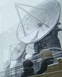  2girls absurdres ahoge black_hair blonde_hair blue_eyes chito_(shoujo_shuumatsu_ryokou) coat commentary_request fur_trim green_coat highres jacket karmanimaxwx kettenkrad long_sleeves military_uniform multiple_girls satellite_dish shoujo_shuumatsu_ryokou snow yuuri_(shoujo_shuumatsu_ryokou) 