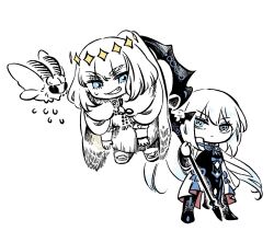  1boy 1girl blanca_(fate) blue_eyes bow braid bug fate/grand_order fate_(series) full_body hair_between_eyes hair_bow half_up_braid holding holding_polearm holding_weapon long_hair long_sleeves mame_nabe_donko monochrome morgan_le_fay_(fate) morgan_le_fay_(first_ascension)_(fate) oberon_(fate) oberon_(second_ascension)_(fate) polearm ponytail shirt short_hair simple_background smile standing very_long_hair weapon white_background white_hair 