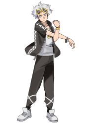  1boy absurdres bags_under_eyes bilingual_commentary black_hoodie black_pants bracelet cancanbaobao55 commentary_request cross-body_stretch english_commentary eyewear_on_head full_body guzma_(pokemon) highres hood hoodie jewelry male_focus mixed-language_commentary open_clothes open_hoodie pants pokemon pokemon_sun_and_moon shirt shoes short_hair simple_background solo standing sunglasses white_background white_hair white_shirt white_shoes zipper_pull_tab 