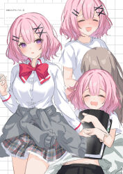  2girls amaori_renako ashigaya_high_school_uniform blush bow bowtie brown_hair closed_eyes clothes_around_waist collared_shirt game_console grid_background hair_ornament hairclip highres kuramoto_beta-carotene long_hair looking_at_viewer medium_hair multiple_girls open_mouth parallel_hairclips pink_hair playstation_5 red_bow red_bowtie school_uniform sena_ajisai shirt skirt smile violet_eyes watashi_ga_koibito_ni_nareru_wake_naijan_murimuri! white_background white_shirt x_hair_ornament yuri 