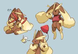  1girl ? ?? air_balloon_(pokemon) animal_ears assault_vest_(pokemon) balloon black_sclera body_fur brown_fur colored_sclera commentary_request cutiefly flying focus_sash full_body furry furry_female grey_background himurohiromu holding holding_balloon kneeling looking_at_another looking_at_viewer lopunny multiple_views pokemon pokemon_(creature) rabbit_ears rabbit_girl rabbit_tail red_ribbon red_vest ribbon short_tail simple_background standing tail two-tone_fur upper_body vest yellow_fur 