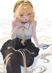  1girl absurdly_long_hair absurdres ahoge bare_arms bare_shoulders belt beret black_choker black_pantyhose black_skirt blonde_hair blush breasts choker collared_shirt commentary cutting_hair ddonggangaji_(jingburger) flying_sweatdrops hair_between_eyes hair_ornament hair_spread_out hairclip hand_in_own_hair hat heart highres holding holding_scissors jingburger korean_commentary long_hair looking_at_viewer medium_breasts miniskirt necktie open_mouth pantyhose pleated_skirt purucon red_eyes scissors shirt shirt_tucked_in simple_background sitting skirt sleeveless sleeveless_shirt smile solo thigh_strap thighs very_long_hair virtual_youtuber waktaverse white_background white_shirt yellow_necktie 