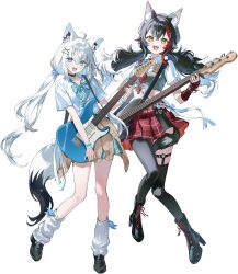  2girls absurdres animal_ear_fluff animal_ears asymmetrical_legwear black_boots black_hair black_pantyhose black_shoes black_thighhighs boots clothes_around_waist floating_hair fox_ears fox_girl fox_tail full_body highres holding holding_instrument hololive instrument loafers long_hair looking_at_viewer loose_socks low_twintails multicolored_hair multiple_girls official_art ookami_mio open_mouth pantyhose red_hair shirakami_fubuki shirt shoes short_sleeves simple_background skirt smile socks standing streaked_hair tail thigh-highs thigh_strap transparent_background twintails two-tone_tail uneven_legwear very_long_hair virtual_youtuber white_hair white_shirt white_socks wolf_ears wolf_girl wolf_tail 