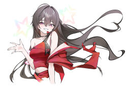  1girl absurdres ahoge black_hair blush breasts commentary_request floating_hair goddess_of_victory:_nikke hair_between_eyes headset highres jewelry long_hair looking_at_viewer medium_breasts midriff navel off_shoulder parted_lips pretty_(nikke) q10u ring sidelocks simple_background solo star_(symbol) very_long_hair violet_eyes white_background 