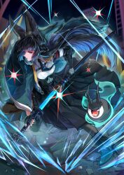  1girl animal_ear_fluff animal_ears aqua_jacket arm_out_of_sleeve black_hair black_necktie black_shoes black_skirt breasts commentary english_commentary fingerless_gloves floating_hair fox_ears fox_girl gauntlets gloves high-waist_skirt highres hoshimi_miyabi jacket katana long_hair looking_at_viewer medium_breasts mikanchii necktie parted_lips shirt shoes single_fingerless_glove single_gauntlet skirt solo sparkle sword tailless_(zenless_zone_zero) weapon white_shirt zenless_zone_zero 