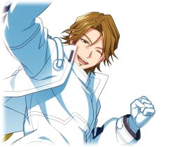  1boy ;d brown_eyes brown_hair clenched_hand cum cum_on_body facial facial_hair game_cg gloves goatee happy_elements helios_rising_heroes jacket jay_kidman long_sleeves looking_at_viewer male_focus non-web_source official_art one_eye_closed open_clothes open_jacket open_mouth smile solo teeth transparent_background upper_body white_gloves 